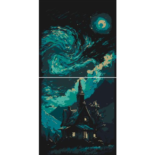 Hütte in der Nacht - 2-teiliges Malen-nach-Zahlen-Set auf Leinwand