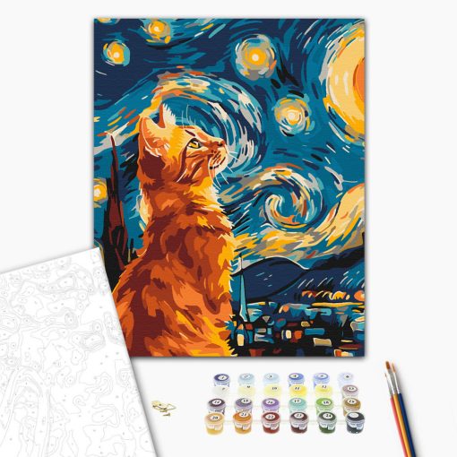 Katze unter dem Sternenhimmel - Malen-nach-Zahlen-Set auf Keilrahmen 40x50