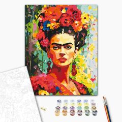   Frida zwischen Blumen - Malen-nach-Zahlen-Set auf Keilrahmen 40x50