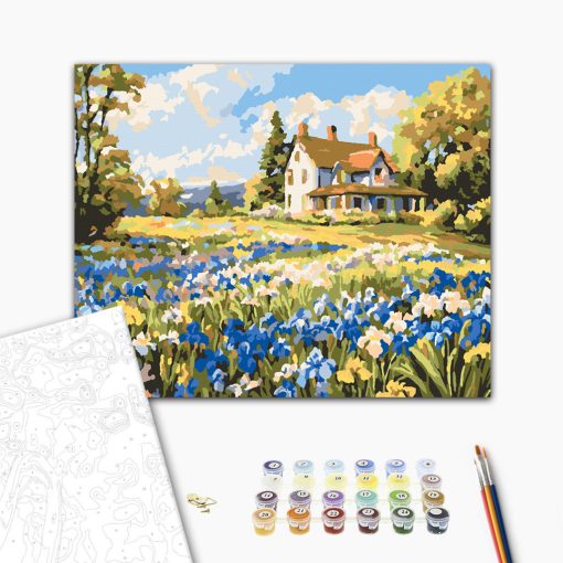 Kék virágkert - Számfestő készlet kereten 40x50