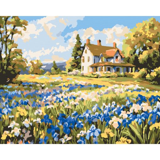 Kék virágkert - Számfestő készlet kereten 40x50