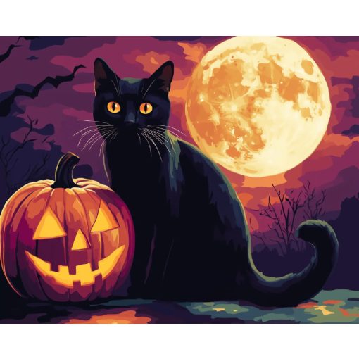 Halloweeni cica - Számfestő készlet kereten 40x50