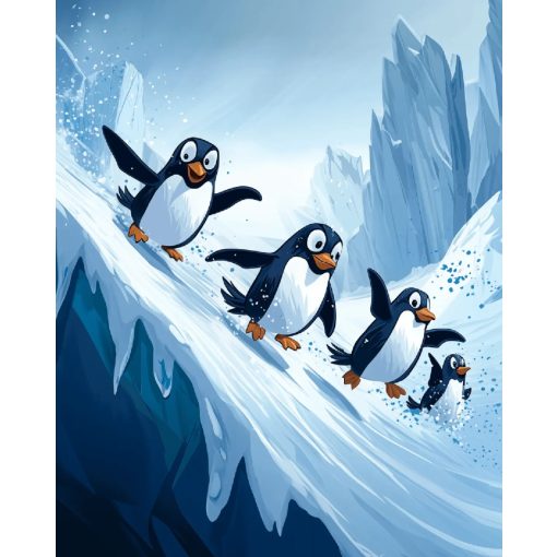 Csúszdázó pingvinek - Számfestő készlet kereten 40x50