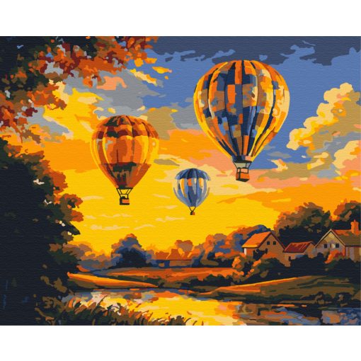 Heißluftballons bei Sonnenuntergang - Malen-nach-Zahlen-Set auf Keilrahmen 40x50
