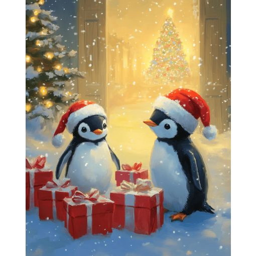 Karácsonyi pingvinek - Számfestő készlet kereten 40x50