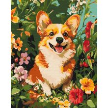 Fröhlicher Corgi zwischen den Blumen - Malen-nach-Zahlen-Set auf Keilrahmen 40x50