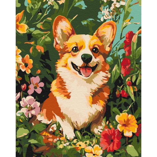 Fröhlicher Corgi zwischen den Blumen - Malen-nach-Zahlen-Set auf Keilrahmen 40x50