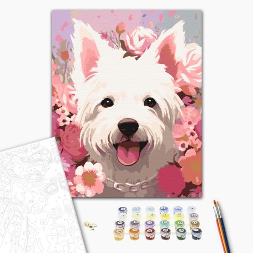 Virágos westie - Számfestő készlet kereten 40x50