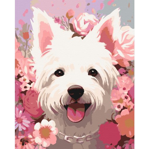 Virágos westie - Számfestő készlet kereten 40x50