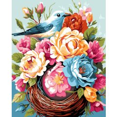 Virágos madárfészek - Számfestő készlet kereten 40x50