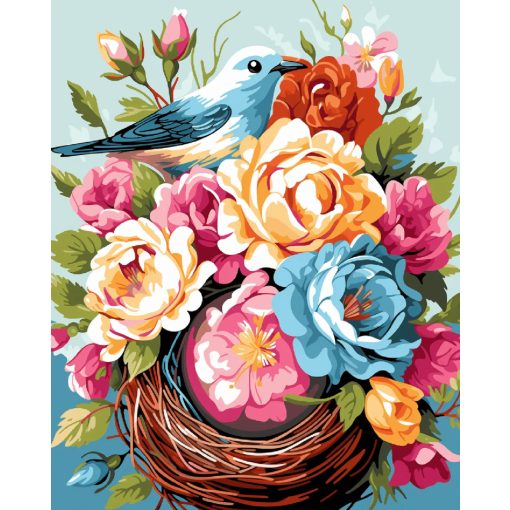 Virágos madárfészek - Számfestő készlet kereten 40x50