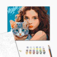 Kislány és cicája - Számfestő készlet kereten 40x50
