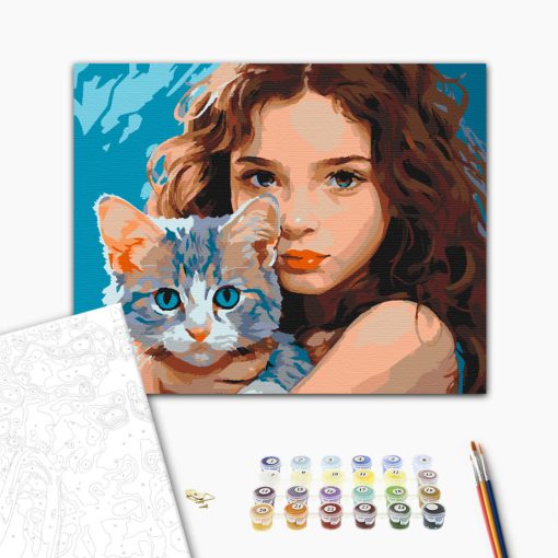 Kislány és cicája - Számfestő készlet kereten 40x50