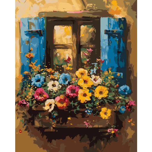 Virágzás az ablakban - Számfestő készlet kereten 40x50