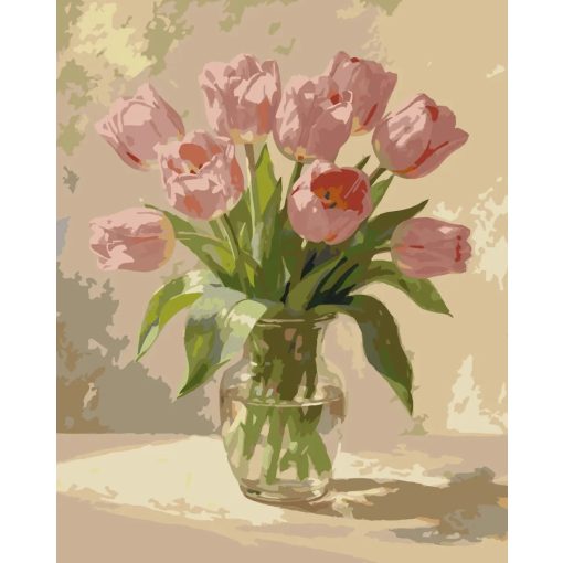 Rózsaszín tulipánok vázában - Számfestő készlet kereten 40x50