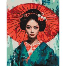 Geisha mit rotem Regenschirm - Malen-nach-Zahlen-Set auf Keilrahmen 40x50