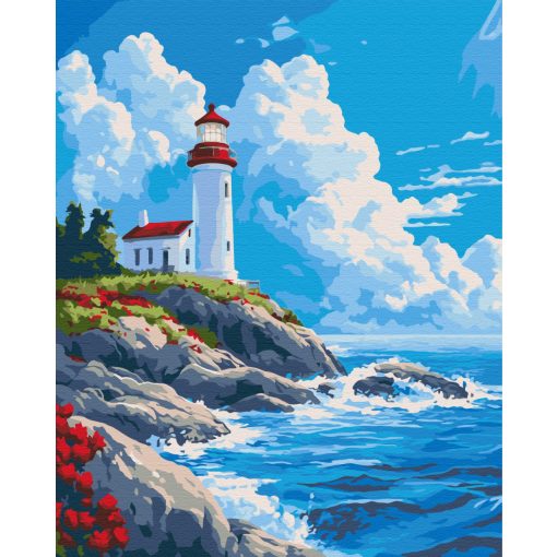 Leuchtturm über den Felsen - Malen nach Zahlen Set auf Rahmen 40x50 cm