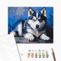   Treuer kleiner Husky – Malen nach Zahlen Set auf Rahmen 40x50 cm