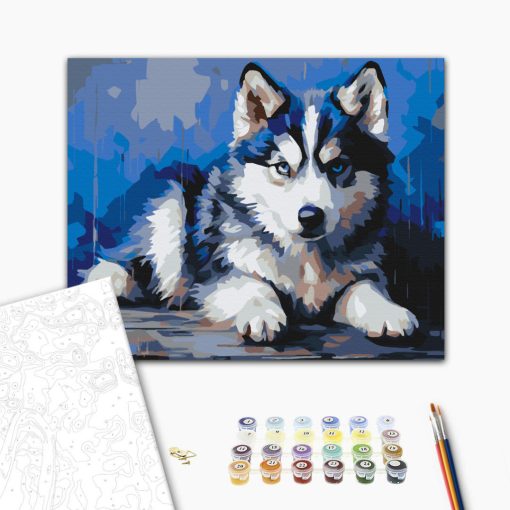 Treuer kleiner Husky – Malen nach Zahlen Set auf Rahmen 40x50 cm