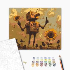   Der Sonnenblumen-Roboter – Malen nach Zahlen Set auf Rahmen 40x50 cm