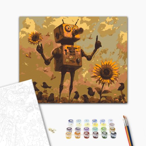 Der Sonnenblumen-Roboter – Malen nach Zahlen Set auf Rahmen 40x50 cm