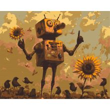 Der Sonnenblumen-Roboter – Malen nach Zahlen Set auf Rahmen 40x50 cm