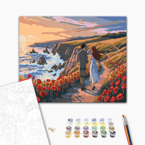 Hand in Hand im Mohnfeld – Malen nach Zahlen Set auf Rahmen 40x50 cm