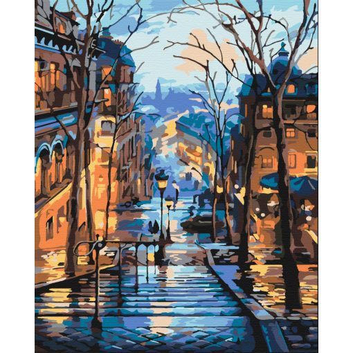 Nächtlicher Regen in der Stadt - Malen-nach-Zahlen-Set auf Keilrahmen 40x50