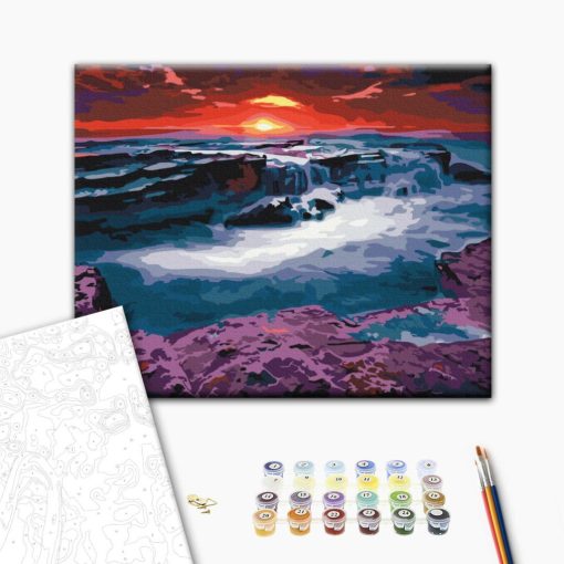 Roter Himmel und schäumende Wellen - Malen-nach-Zahlen-Set auf Keilrahmen 40x50