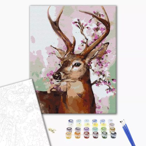Hirsch mit Kirschblüte - Malen-nach-Zahlen-Set auf Keilrahmen 40x50