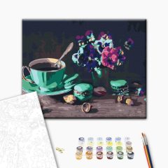   Kaffee mit Macaron - Malen-nach-Zahlen-Set auf Keilrahmen 40x50