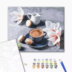   Blumiger Kaffeepause - Malen-nach-Zahlen-Set auf Keilrahmen 40x50