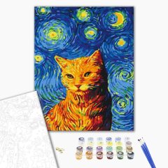   Katze in der sternenklaren Nacht - Malen-nach-Zahlen-Set auf Keilrahmen 40x50