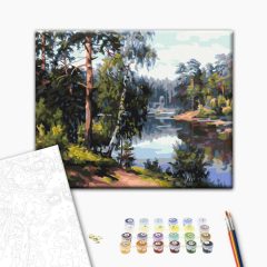   Ruhiger Seeufer im Wald - Malen-nach-Zahlen-Set auf Keilrahmen 40x50