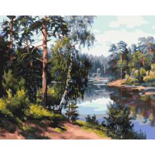 Ruhiger Seeufer im Wald - Malen-nach-Zahlen-Set auf Keilrahmen 40x50