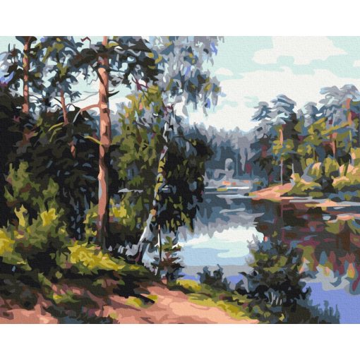 Ruhiger Seeufer im Wald - Malen-nach-Zahlen-Set auf Keilrahmen 40x50