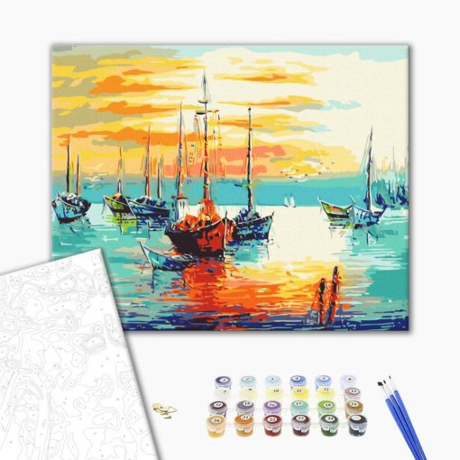 Sonnenuntergang im Hafen - Malen-nach-Zahlen-Set auf Keilrahmen 40x50