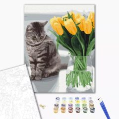   Katze mit Tulpen - Malen-nach-Zahlen-Set auf Keilrahmen 40x50